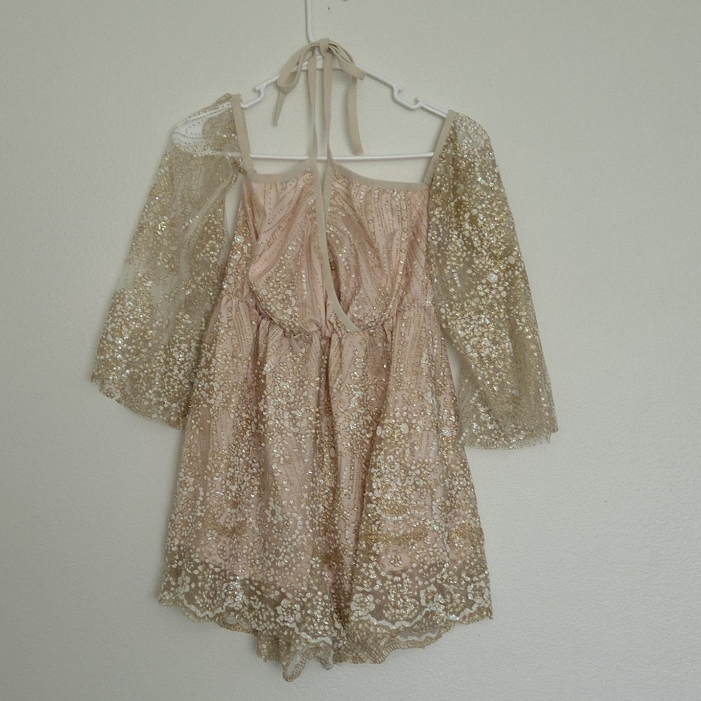 Nasty Gal Pale Pink Sequin Off-Shoulder Romper with Sheer Bell Sleeves Size 4 - Picture 2 of 6